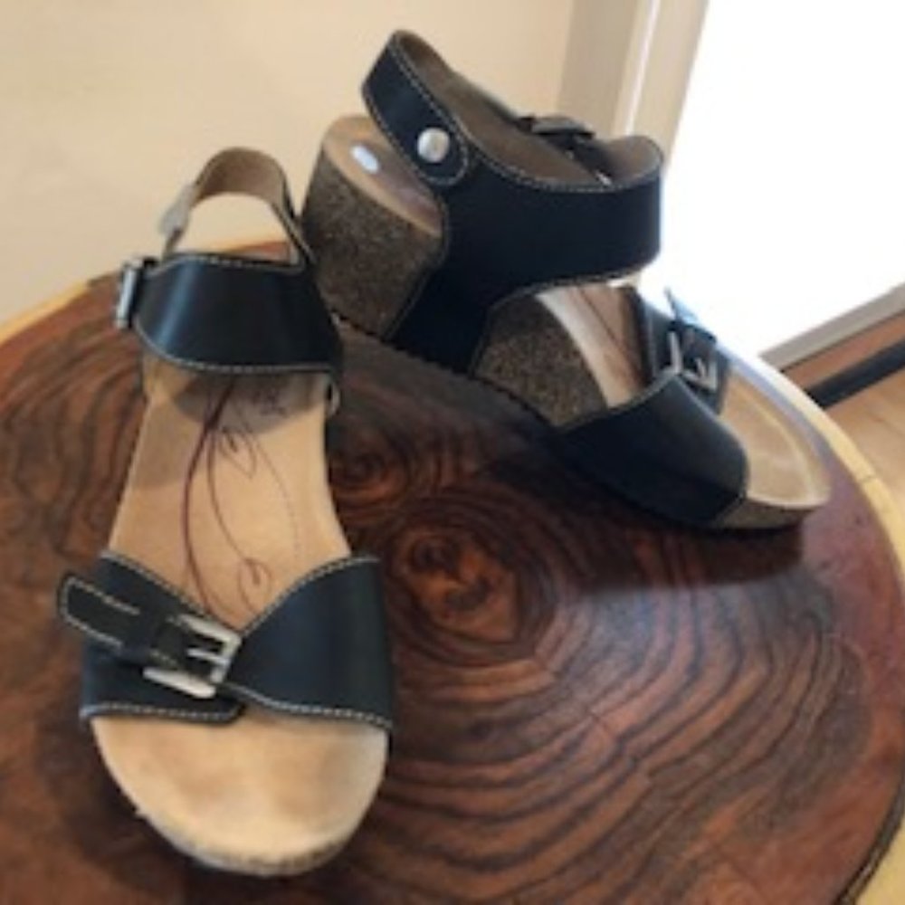 Josef Seibel Black Leather Cork Wedge Sandal